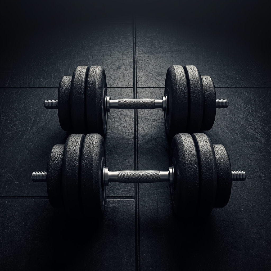 Generate an image of heavy iron dumbbells resting on a dark gym floor with dramatic top-down studio lighting, hyper-realistic, 8k resolution, cinematic atmosphere, no people included.